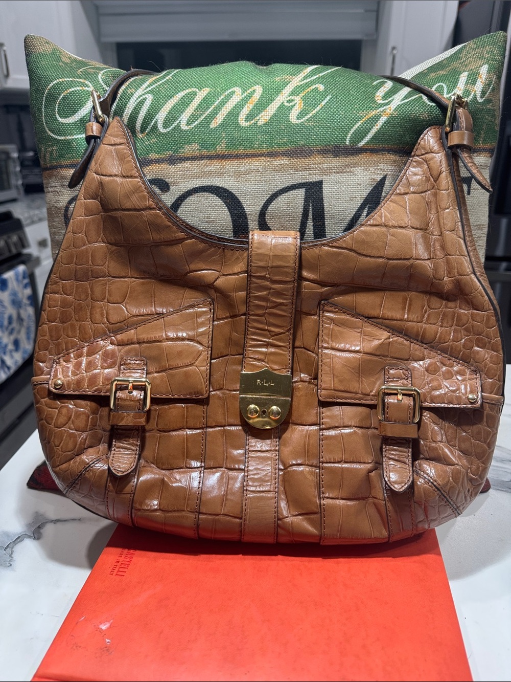 Ralph Lauren Cognac Croc-Embossed Leather Hobo with Gold Hardware